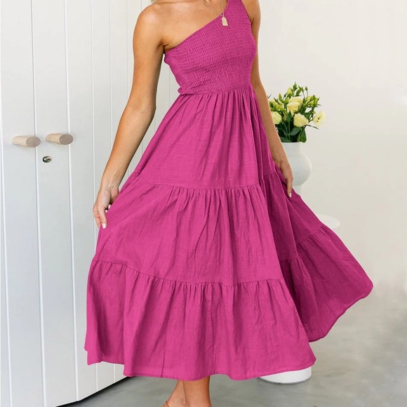 Eloquii Pink Maxi One Shoulder Ruched Tiered Sundress - Picture 1 of 4